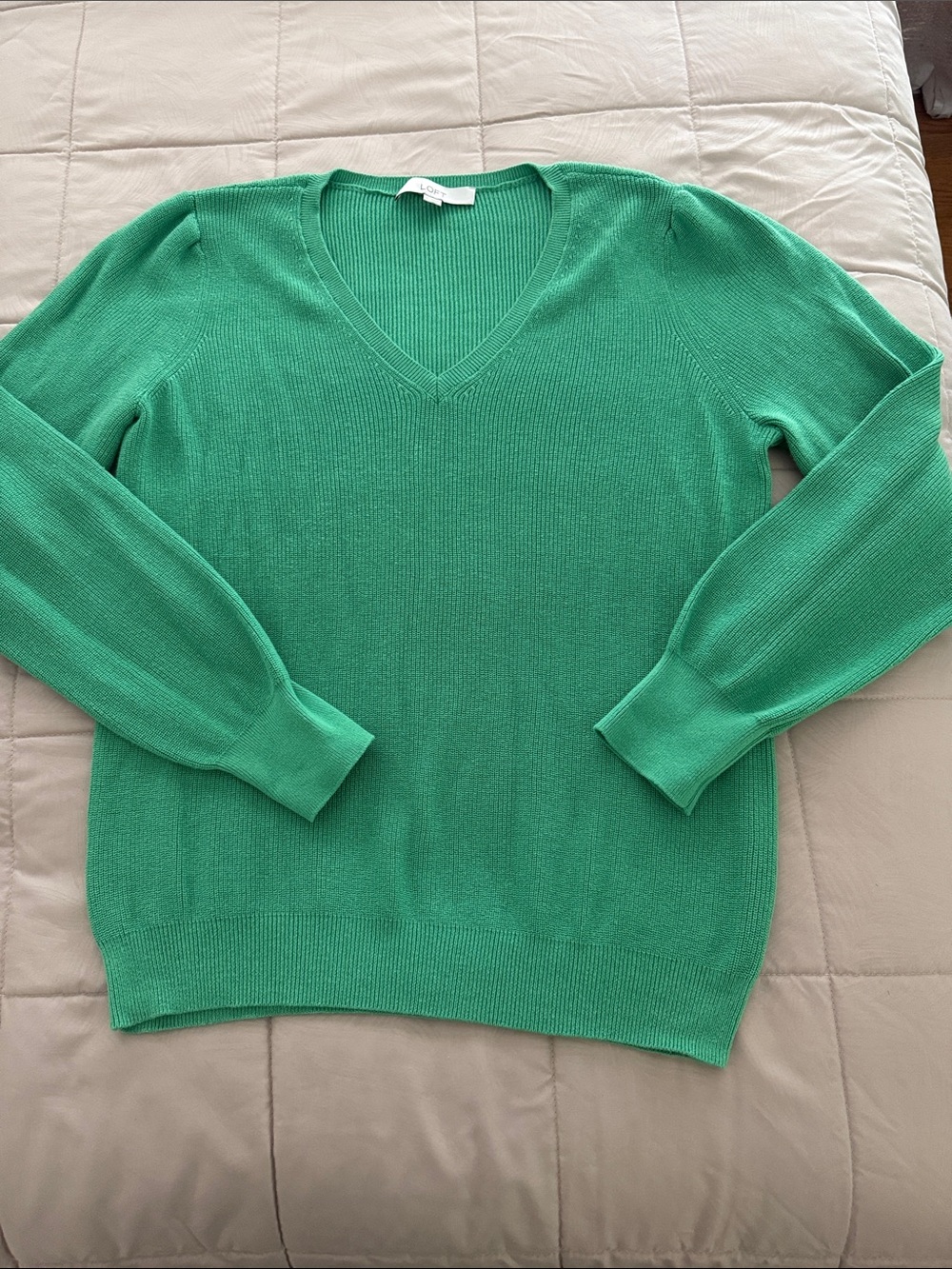 LOFT Cotton Green V-Neck Sweater Large
